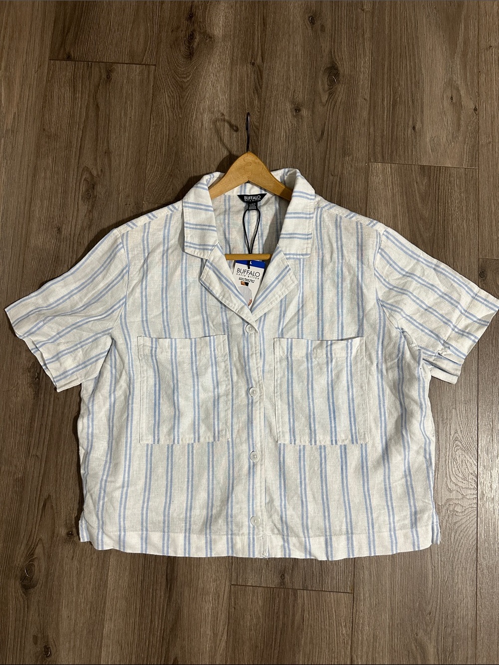 Buffalo Linen Blend White and Light Blue Striped Short-Sleeve Button-Down